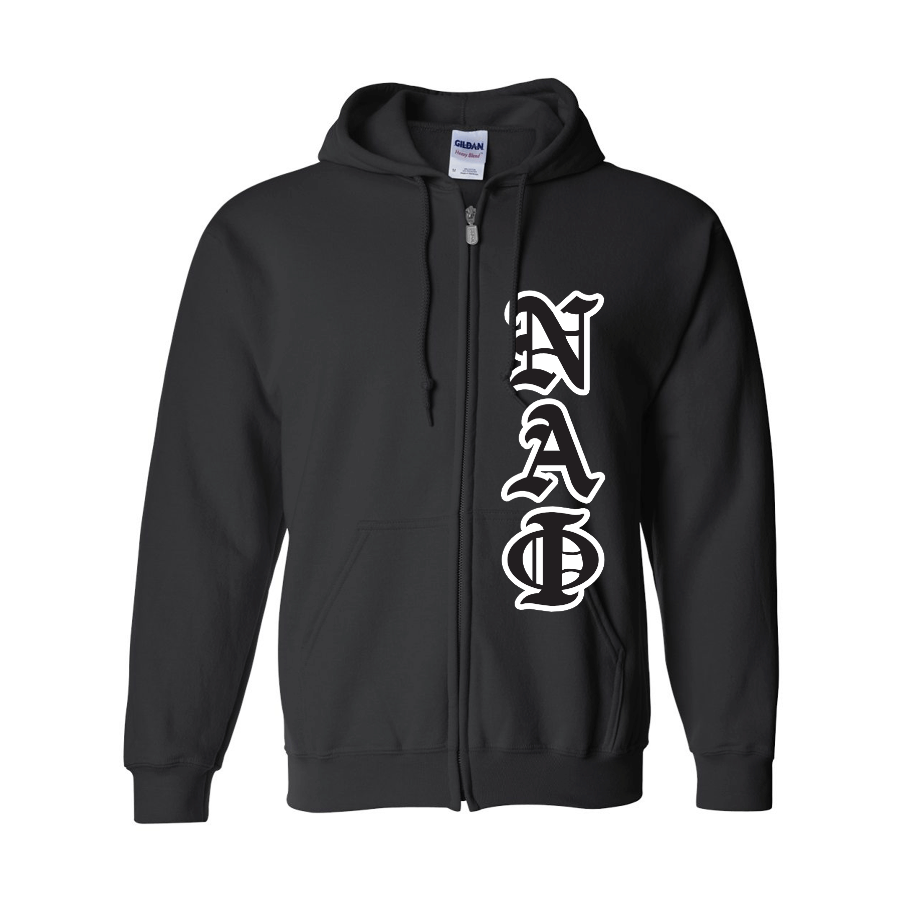 Nu Alpha Phi Old English Zip Up Hoodie Black on White